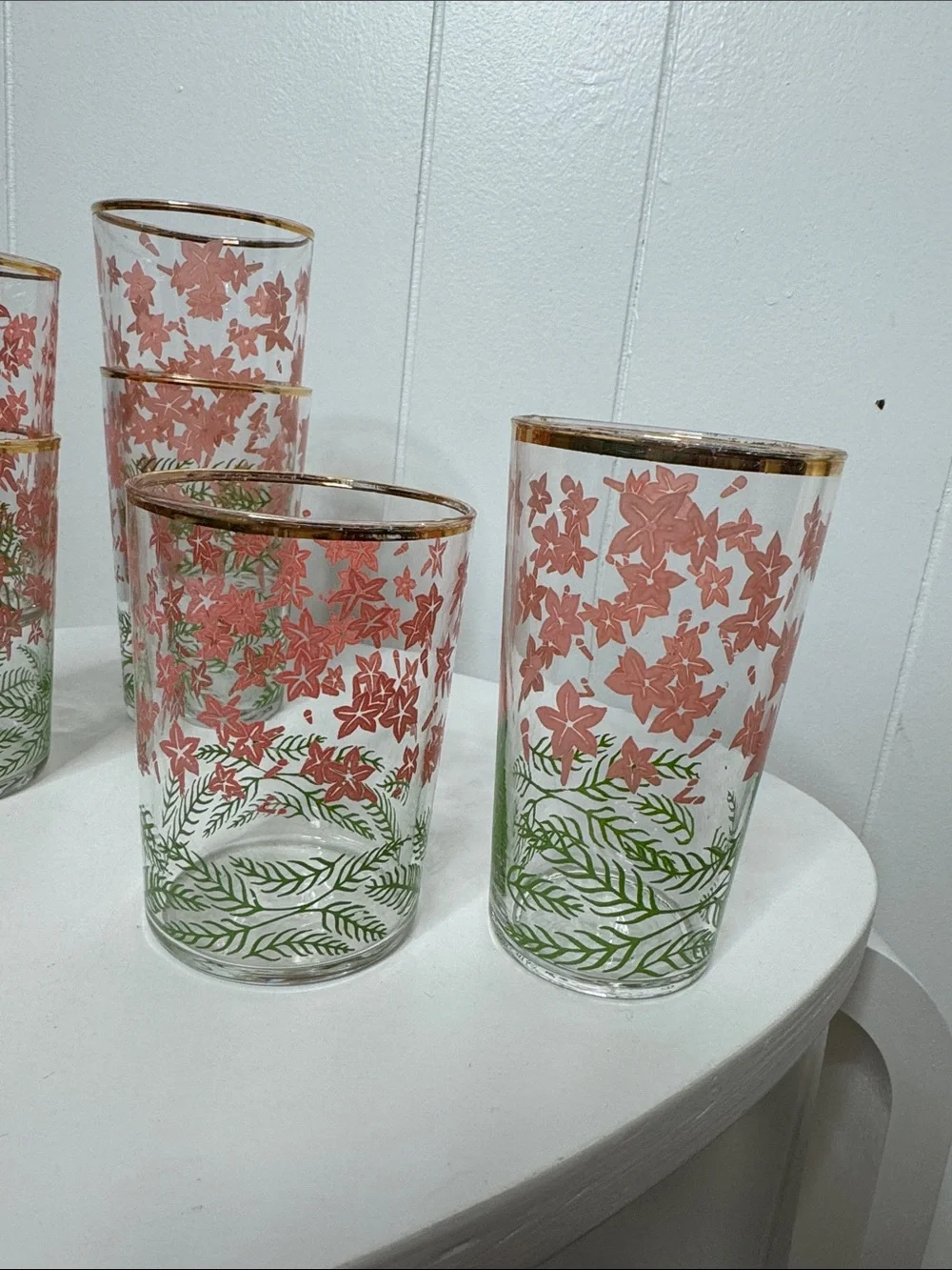 Vintage mid century drinking glasses pink floral